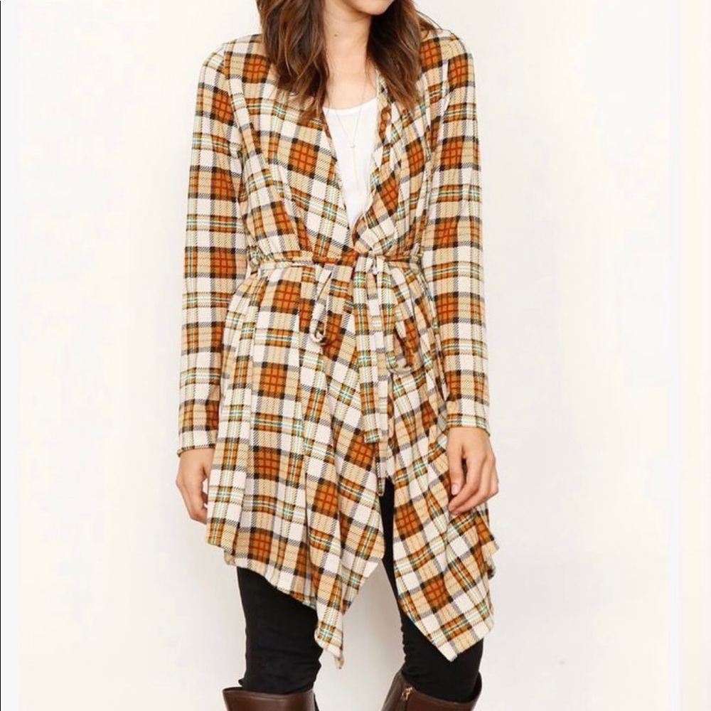Egs by eloges - Brown, Green & Yellow Plaid Draped Cardigan With Waist Tie.
